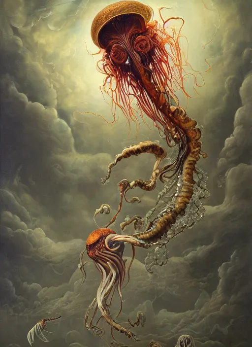 Image similar to an anatomical oil painting of a Harpy jellyfish from a medical journal by Nychos, Julie Bell, Peter Mohrbacher highly detailed, high detail, 8k, storm clouds, birds, dramatic lighting