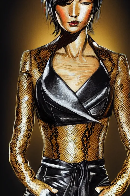 Image similar to yakuza slim girl, gold suit jacket in snake print, jacket over bare torso, yakuza tattoo on body, black short curtain haircut, black leather pants with black belt, elegant, 2d, ultra highly detailed, digital painting, smooth, sharp focus, artstation, art by Ilya Kuvshinov