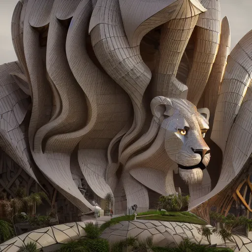 Image similar to lion in the style of gehry and gaudi, ultra detailed, digital painting, trending artstation, concept art, illustration, cinematic lighting, photorealism, epic, octane render