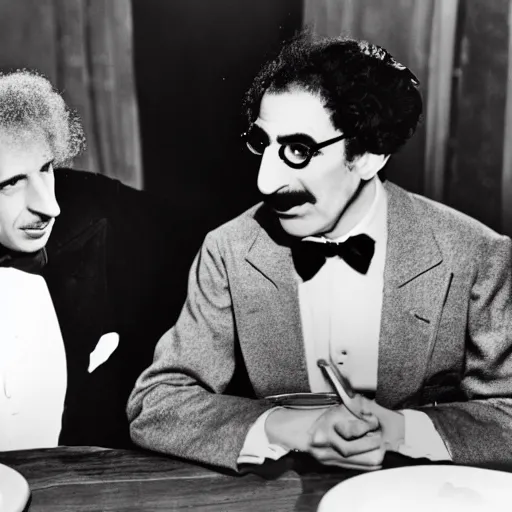 Prompt: harpo marx dines with groucho marx at a fancy restaurant