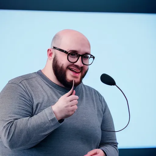 Prompt: realistic, detailed photograoh of a slightly overweight, bald man with dark - rimmed glasses giving a talk on stage at a conference in front of an audience.