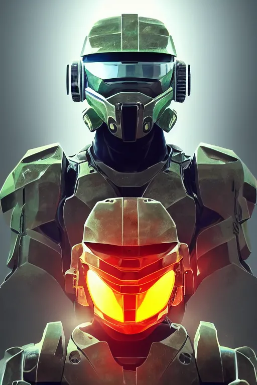 Image similar to robot ninja mask helmet halo master chief radiating a glowing aura global illumination ray tracing hdr fanart arstation by ian pesty and katarzyna da bek chmiel