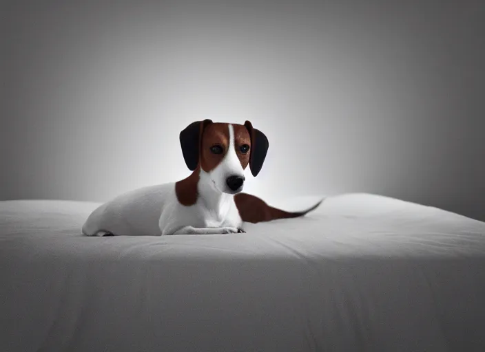 Image similar to photography of a Jack Russel . watching outside the window. on a bed. in a white room. octane render,volumetric light, volumetric fog, photorealistic,, award winning photo, 100mm, sharp, cloth, high res