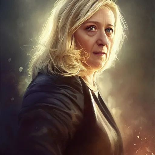 Image similar to Portrait of Marine le Pen , heroic, amazing splashscreen artwork, splash art, head slightly tilted, natural light, elegant, intricate, fantasy, atmospheric lighting, cinematic, matte painting, detailed face, by Greg rutkowski