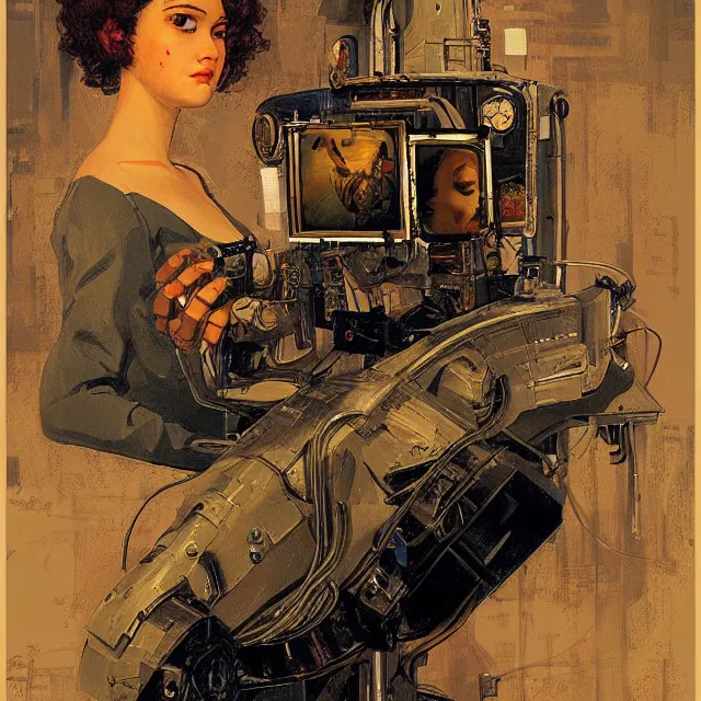 Image similar to robot artist painting a self - portrait on a canvas. intricate, highly detailed, digital matte painting, in the style of alexandros pyromallis, and in the style of sachin teng, and in the style of hans thoma, and in the style of gil elvgren. irony, recursion, inspiration, art nouveau.