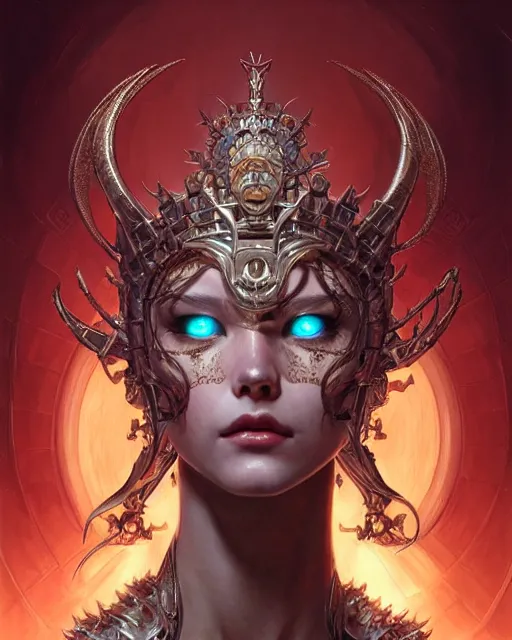Prompt: concept art by artgerm, attractive i robot demon queen with crown and red eyes, soft natural light, intricate, elegant, highly detailed, digital painting, artstation, concept art, smooth, sharp focus, illustration, art by by gaston bussiere and greg rutkowski and alphonse mucha and uang guangjian and gil elvgren, symmetry!!