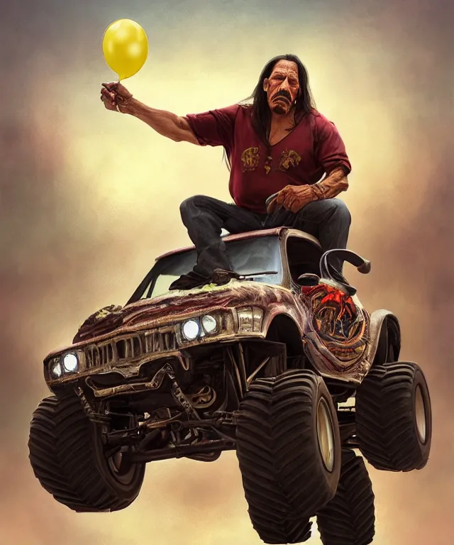 Image similar to danny trejo, cinematic, driving monster truck grave digger, holding a balloon elegant, highly detailed, digital painting, artstation, smooth, hard focus, illustration, art by jessica rossier and and brian froud