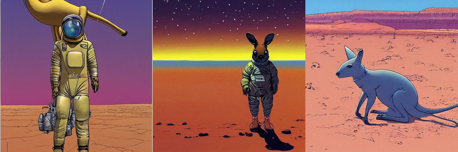 Prompt: a kangaroo wearing a spacesuit in a desert, by moebius
