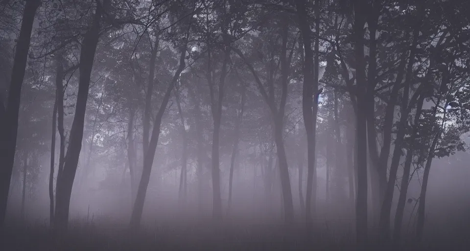Prompt: laser beams shining through a misty forest at night
