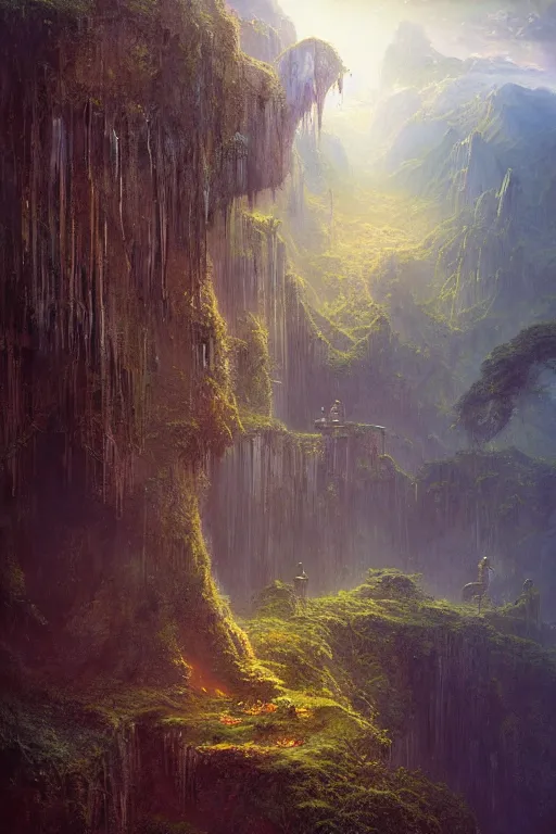 Prompt: amazing concept painting, by Jessica Rossier and HR giger and Beksinski, Rivendell, terraces, hallucination, garden of eden