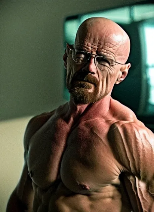 Image similar to extremely muscular Walter White, movie still, realistic