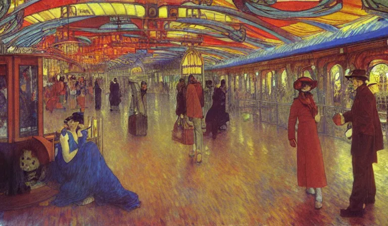 Image similar to A disco train station, by Moebius, Renoir, Mucha