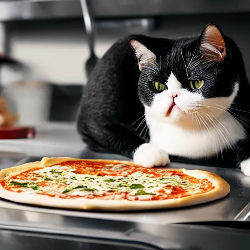 Image similar to ugly black and white exotic shorthair cat making pizza in a modern kitchen, realistic photo,