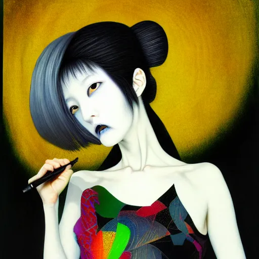 Image similar to yoshitaka amano blurred and dreamy realistic three quarter angle painting of a young woman with black lipstick and black eyes wearing dress suit with tie, junji ito abstract patterns in the background, satoshi kon anime, noisy film grain effect, highly detailed, renaissance oil painting, weird portrait angle, blurred lost edges