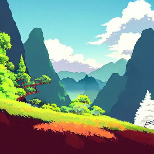 Prompt: a beautiful landscape shot of mountains and forest by Studio Ghibli, digital art