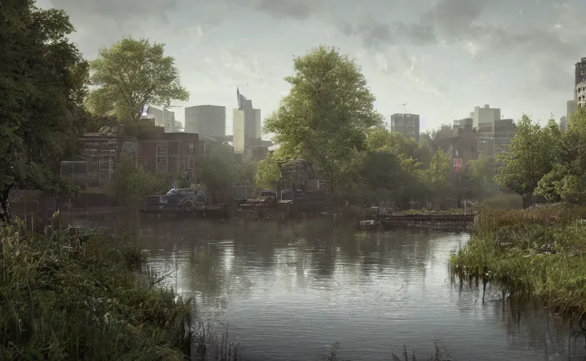 Image similar to rotterdam reclaimed by nature, a photorealistic painting by gregory crewdson, cgsociety, playstation 5 screenshot, matte painting, cryengine