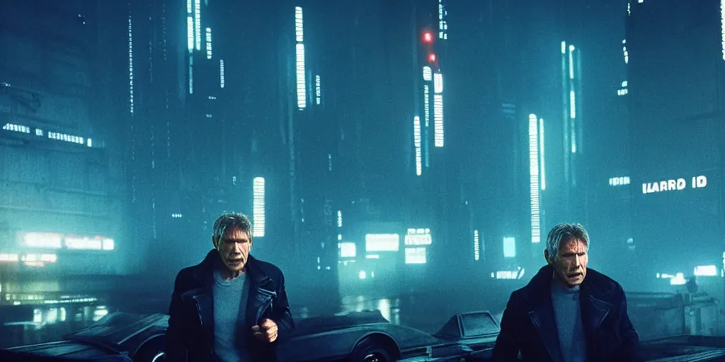 Prompt: 2 0 1 8 blade runner movie still harrison ford looking at the cityscape from roof matrix perfect face fine realistic face pretty face neon jacket blue futuristic sci - fi elegant by alex proyas illustrated sand storm