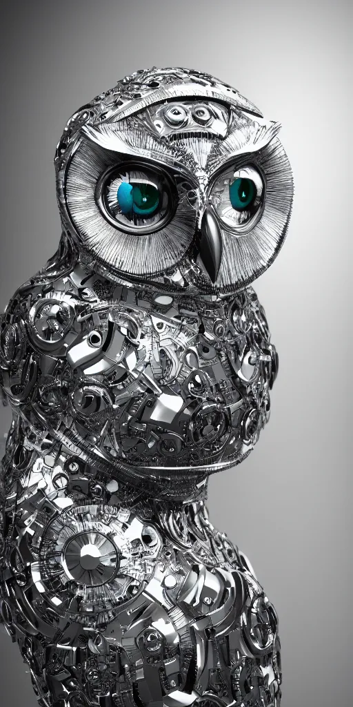 Image similar to cybernetic owl. portrait. complex shape. highly detailed. octane render. 8 k. monochrome. cinematic.