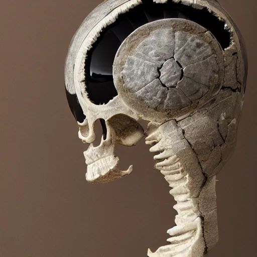 Image similar to symmetrical product photograph of a highly detailed ominous helmet made from fragmented bone and obsidian, damaged