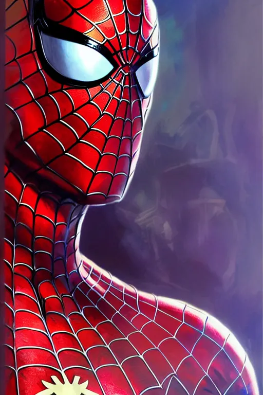 Image similar to elon musk in spider man suit, marvel character, realistic portrait, symmetrical, highly detailed, digital painting, artstation, concept art, smooth, sharp focus, illustration, cinematic lighting, art by artgerm and greg rutkowski and alphonse mucha