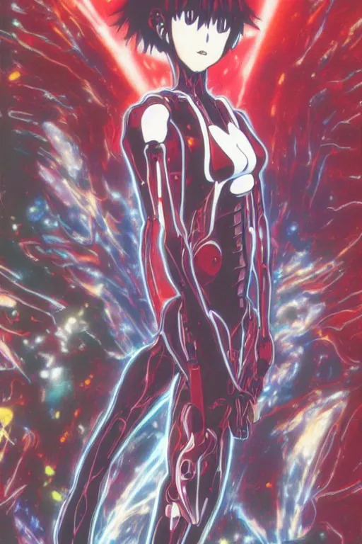 Prompt: beautiful coherent award-winning manga OVA DVD cover art of a mysterious lonely cyborg anime woman wearing a plugsuit, serial experiments lain, neon genesis evangelion, anime, animated, painted by tsutomu nihei