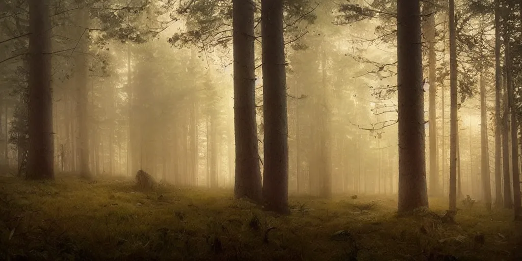 Image similar to swedish forest, dawn, hazy, fog, golden hour, sunlight, beautiful!!!!!!!!!, greg rutkowski, cinematic, atmospheric