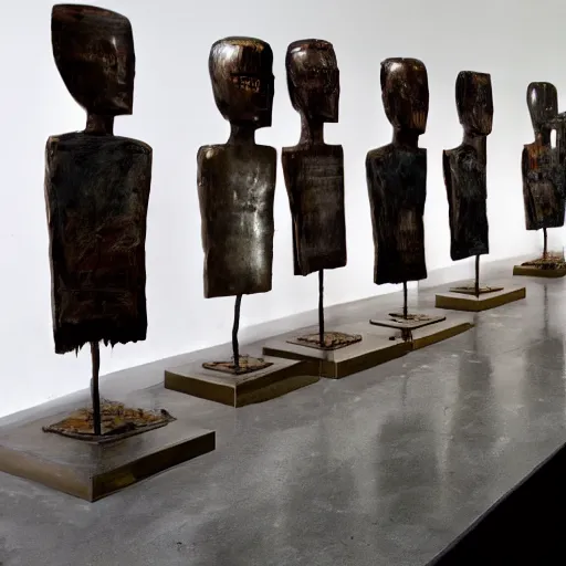 Image similar to a room full of bronze Jean-Michel Basquiat statues