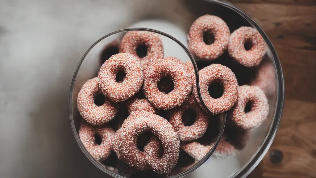 Prompt: donuts in a pretty big glass jar, sunlight, f - stop, high quality photography,