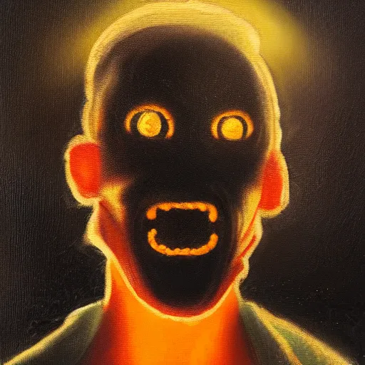 Image similar to creepy oil painting of a discord moderator with a bright light shining on him in the dark.