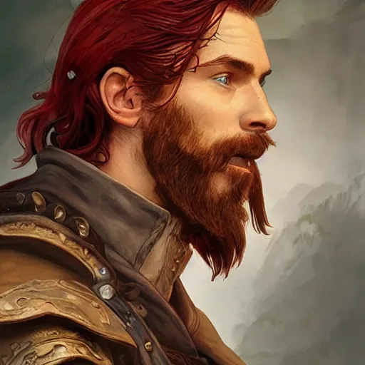 Image similar to portrait of a young ruggedly handsome but joyus pirate, male, masculine, upper body, red hair, very long hair, d & d, fantasy, intricate, elegant, highly detailed, digital painting, artstation, concept art, matte, sharp focus, illustration, art by artgerm and greg rutkowski and alphonse mucha