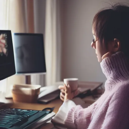 Prompt: a photograph of a person sitting at a desk, looking at monitor, dimly lit bedroom, hot cocoa drink, by studio ghibli, pastel tones, 4 k, 8 k