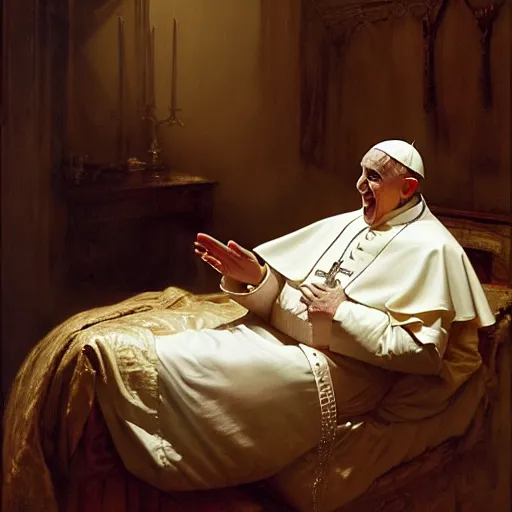 Prompt: the pope wakes up is his bed, sweating, nervous, terrified, because a double horned shadow demon lurks in the wall of the papal bedroom. highly detailed painting by gaston bussiere, j. c. leyendecker, greg rutkowski, craig mullins 8 k