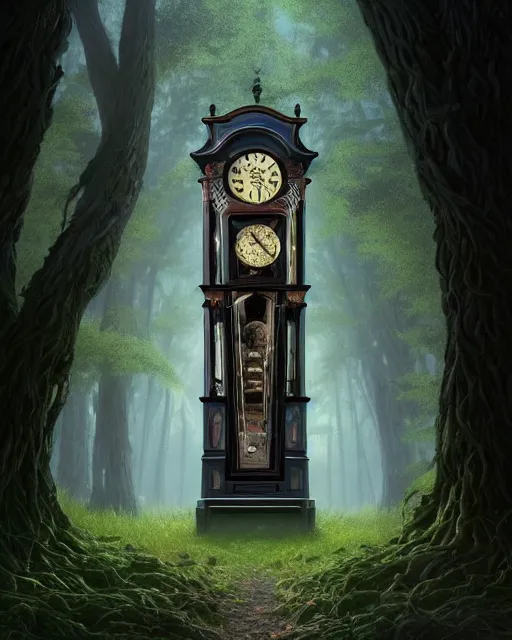 Image similar to highly detailed surreal vfx portrait of a cursed grandfather clock in a shadowy forest by a willow tree, stephen bliss, unreal engine, greg rutkowski, loish, rhads, beeple, makoto shinkai and lois van baarle, ilya kuvshinov, rossdraws, tom bagshaw, alphonse mucha, global illumination, detailed and intricate environment