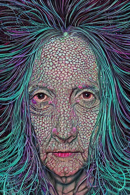 Image similar to dark underwater portrait of one bioluminescent old woman, with cracked reaction diffusion semi - transparent skin. multicolored fish scales, face closeup. long intricate dark hair. good face proportions. with many jellyfishes. very high detail, illustration, by alex grey and ilya kuvshinov