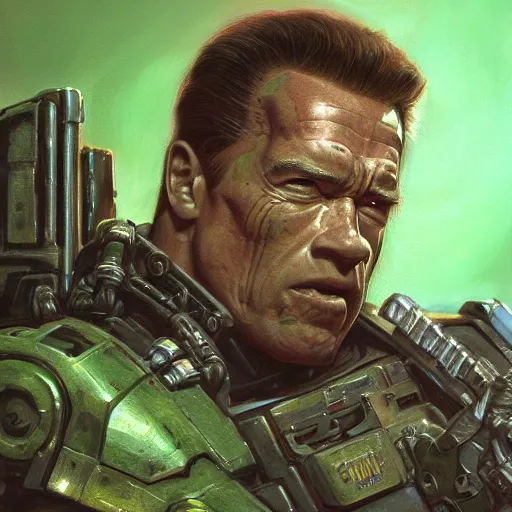 Image similar to Arnold Schwarzenegger as the Doomguy, closeup character art by Donato Giancola, Craig Mullins, digital art, trending on artstation