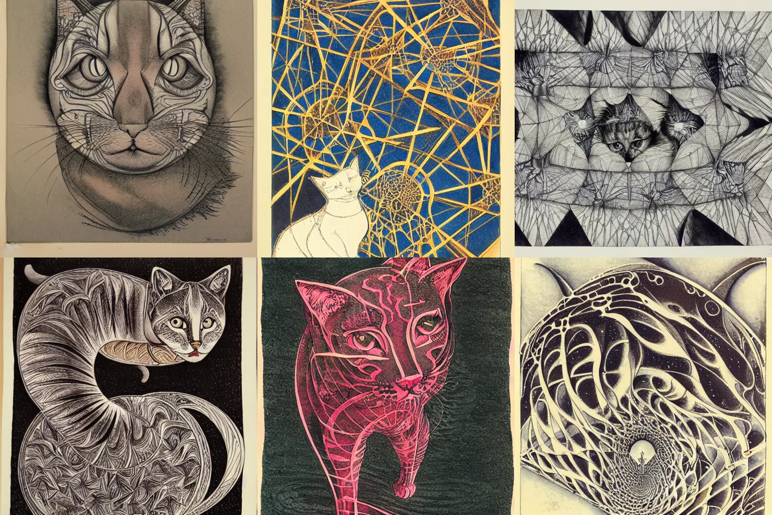 Prompt: cat as a fractal distortion, lithograph, watercolors, ink, M.C. Escher, moebius