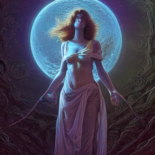 Image similar to photorealistic lunar goddess in the style of michael whelan and gustave dore. hyperdetailed photorealism, 1 0 8 megapixels, amazing depth, glowing rich colors, powerful imagery, psychedelic overtones, 3 d finalrender, 3 d shading, cinematic lighting, artstation concept art