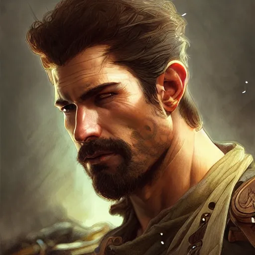 Image similar to portrait of a rugged male ranger looking back, masculine, D&D, muscular, fantasy, intricate, elegant, highly detailed, digital painting, artstation, concept art, smooth, sharp focus, illustration, art by artgerm and greg rutkowski and alphonse mucha