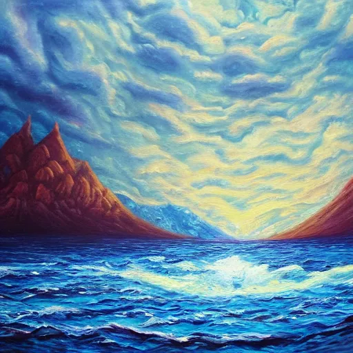 Image similar to Realm between the mountains and the sea, fantasy, oil painting, extra detailed