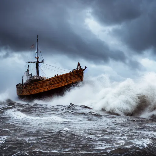 Image similar to Stormy sea, big waves, rain, lightning, gray clouds, old wooden ship, Giant Tentacles rising from water in foreground, Canon EOS R3, f/1.4, ISO 200, 1/160s, 8K, RAW, unedited, symmetrical balance, in-frame.