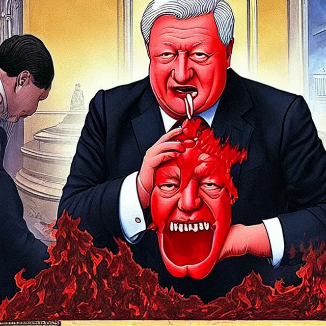 Prompt: president boris yeltsin pours red - hot lead into the mouth of a sinner in hell, infernal art in color