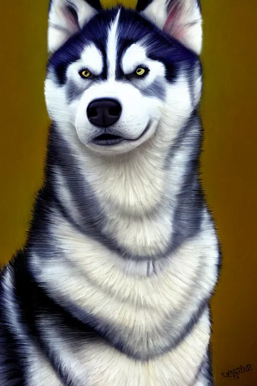 Image similar to a character design of a husky wearing a white vest, portrait painting