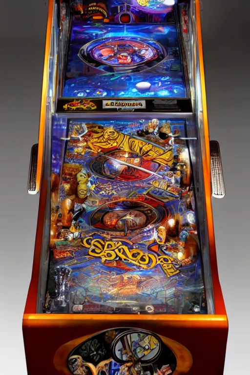 Image similar to pinball machine designed by brian froud