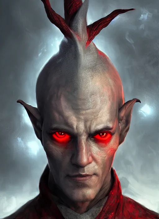 Image similar to A fantasy comic book style portrait painting of a grey elf with red eyes as a Sorcerer in a atmospheric fantasy setting, unreal 5, DAZ, hyperrealistic, octane render, RPG portrait, ambient light, dynamic lighting