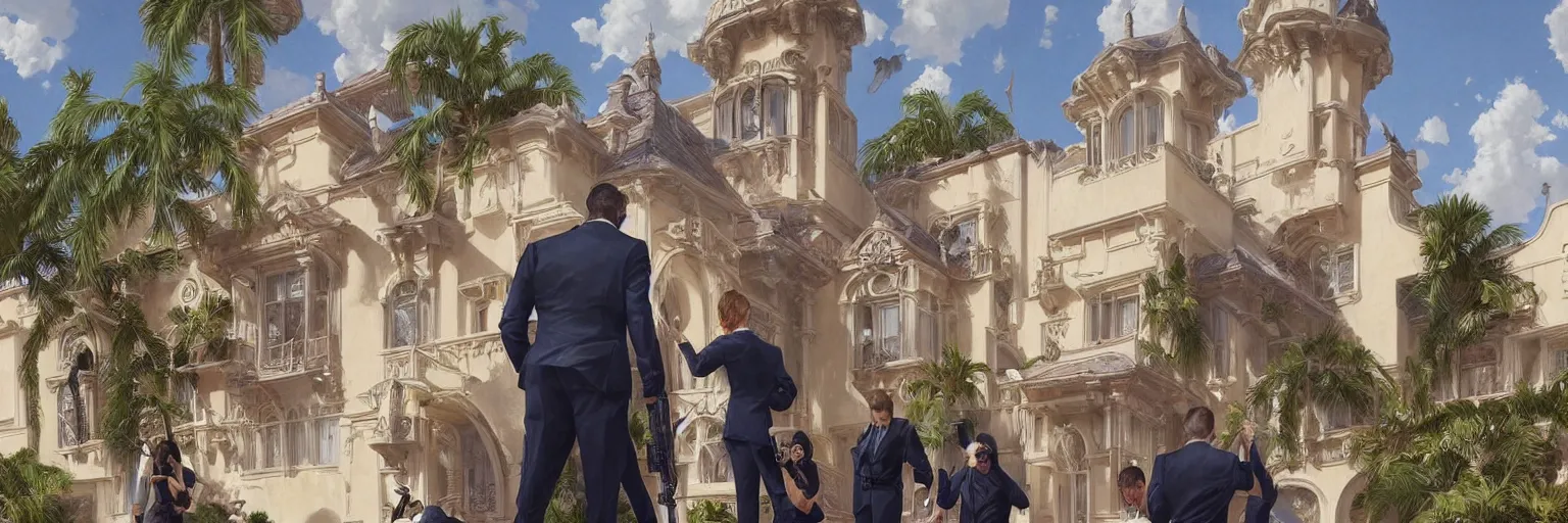 Image similar to dozens of FBI agents raid Donald Trump's Mar-a-Lago residence in Palm Beach, highly detailed, digital painting, artstation, concept art, smooth, sharp focus, illustration, art by artgerm and greg rutkowski and alphonse mucha