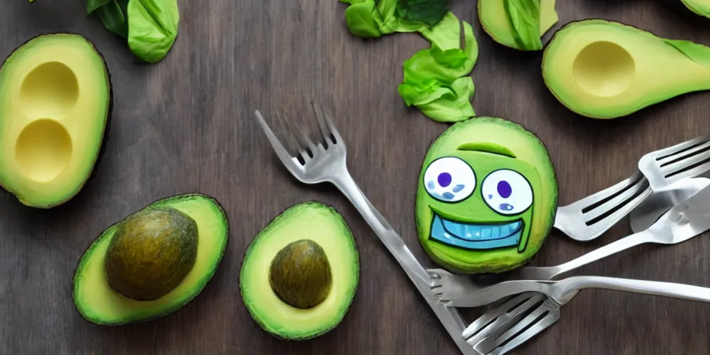 Prompt: cute smiling avocado robot with cute eyes and forks instead of arms