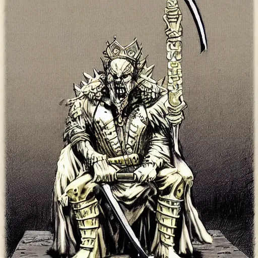 Image similar to the zombi king with a very big sword sit on his throne