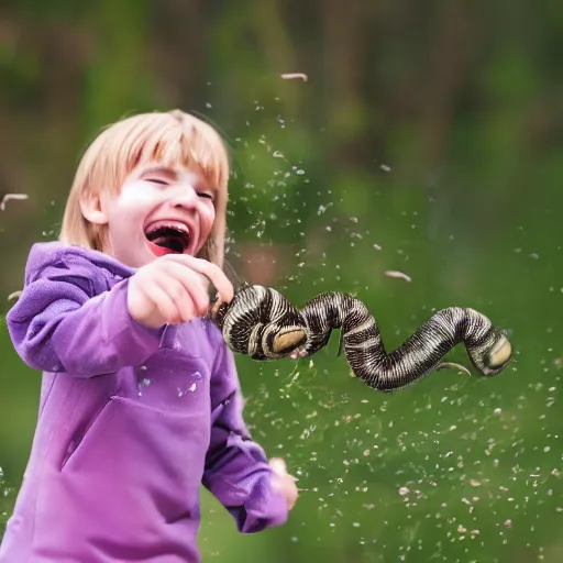 Image similar to child happily throwing millipedes at each other, photography, highly detailed, high quality, 8 k, soft lighting,