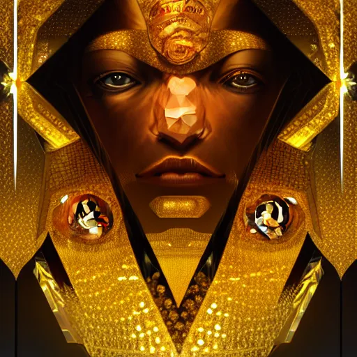 Image similar to halfturn portrait of a big crystal face, made of golden crystals, half - turn, bottom view, ominous, intricate, studio, art by anthony macbain + greg rutkowski + alphonse mucha, concept art, 4 k, sharp focus