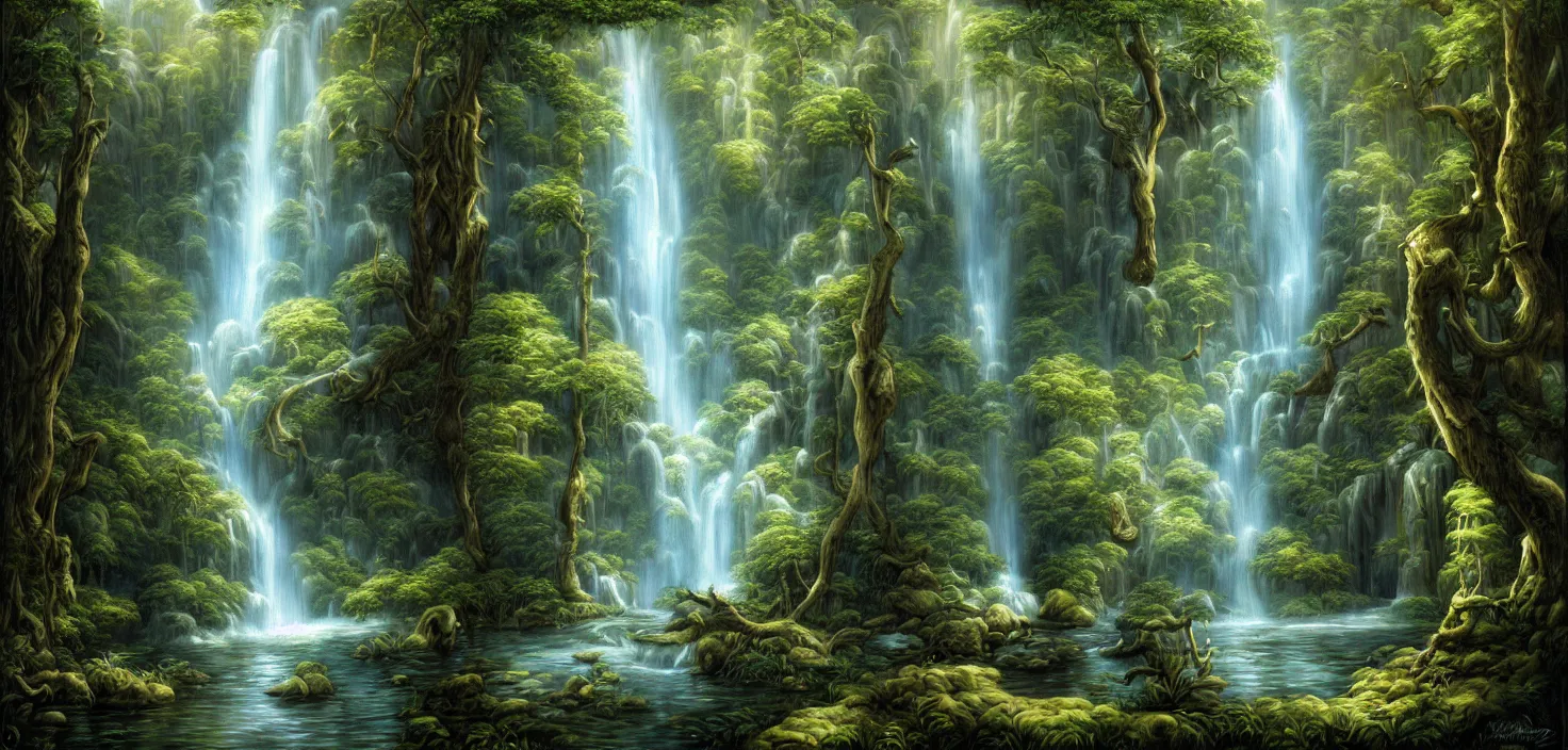 Image similar to a painting of a waterfall in a forest, a detailed matte painting by todd lockwood, deviantart, fantasy art, matte painting, matte drawing, airbrush art